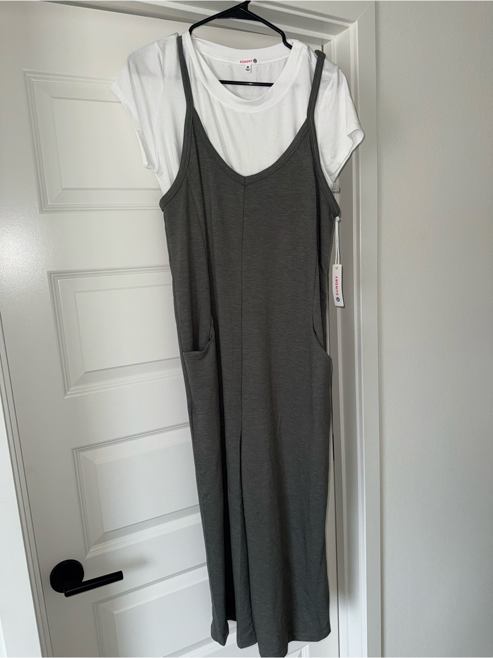 NWT Sundry for Anthropologie Olive Moss Green Onesie Jumpsuit Romper White Tee